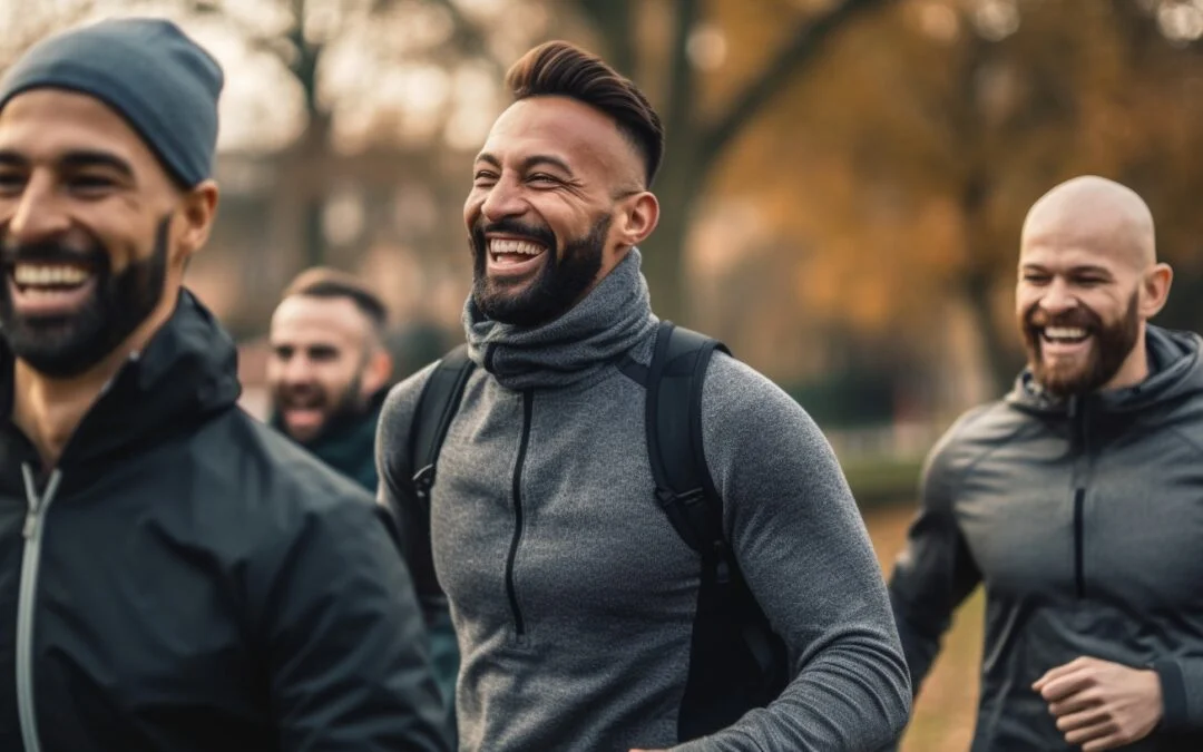 Healthy happy men enjoying a run together during mens health week